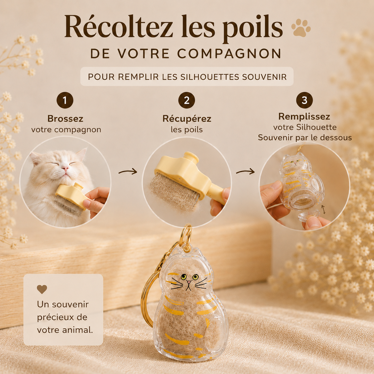 Infographie en 3 étapes pour remplir la Silhouette Aniteria : étape 1, brosser votre animal pour récupérer ses poils ; étape 2, prélever les poils récoltés ; étape 3, insérer les poils dans la silhouette par le dessous. Résultat final : une silhouette transparente révélant les poils de votre compagnon, à accrocher à votre sac ou vos clés.