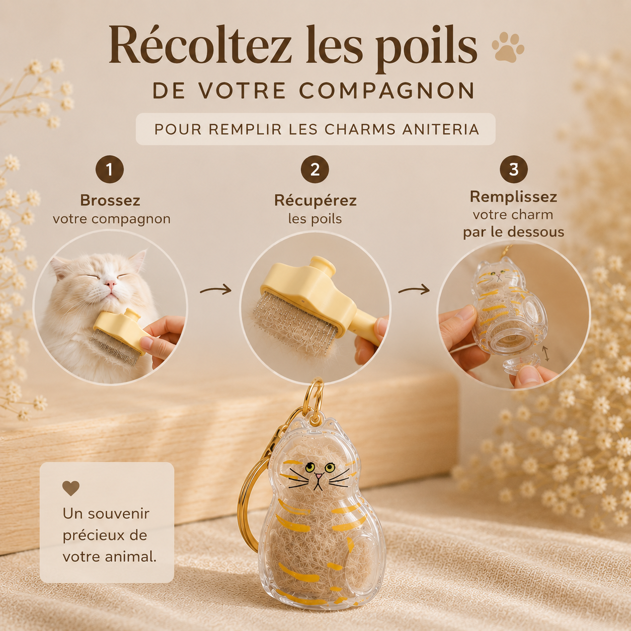 Charm souvenir Aniteria en forme de chat, rempli de poils d'animal, présenté au creux de la fourrure d'un compagnon
